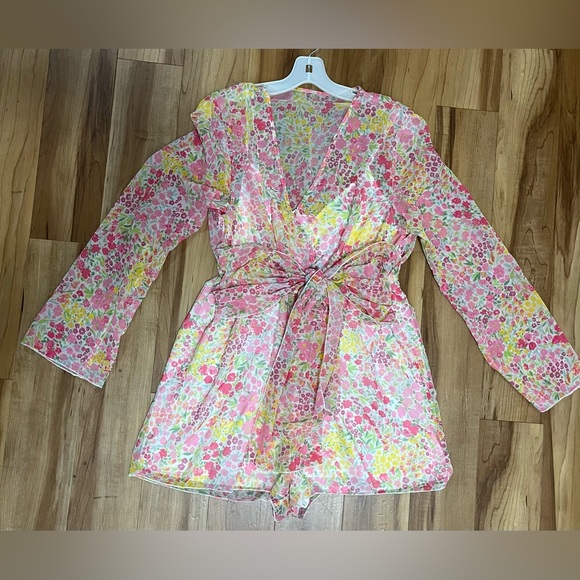 Miss Selfridge Floral Chiffon Romper Pink Yellow Long Sleeve V-Neck US 12 NWT - Picture 2 of 11